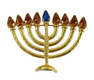 Vintage Gold Tone Menorah Hanukkah Brooch Amber Blue Rhinestone Judaica Pin